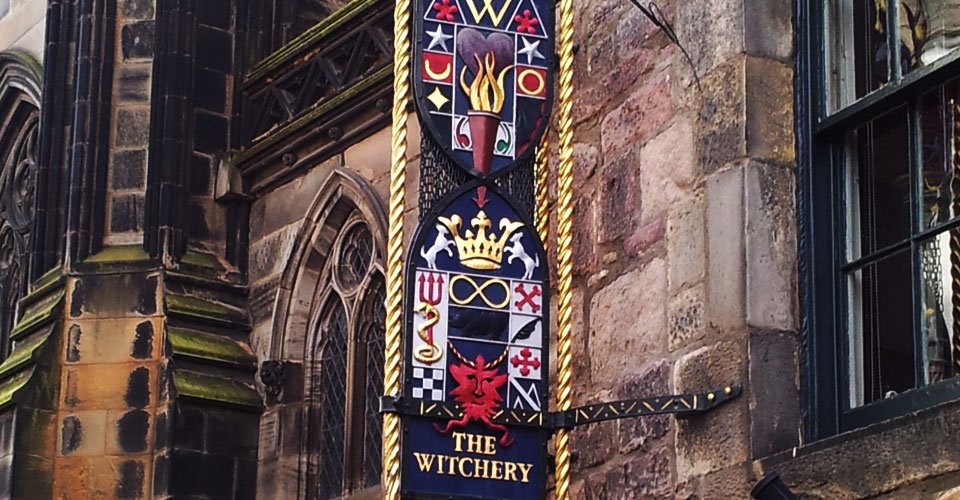 The Witchery by the Castle sign. A luxury gay friendly hotel in Edinburgh.
